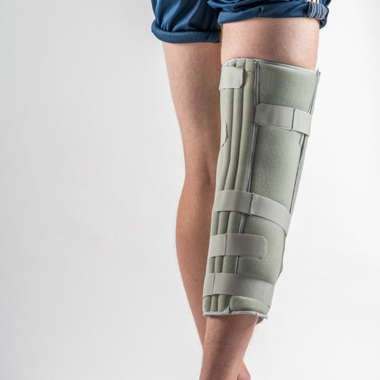 Grau Universal 3-Panel Knieschiene am rechten Bein, Rückansicht, mit verstellbaren Klettverschlüssen