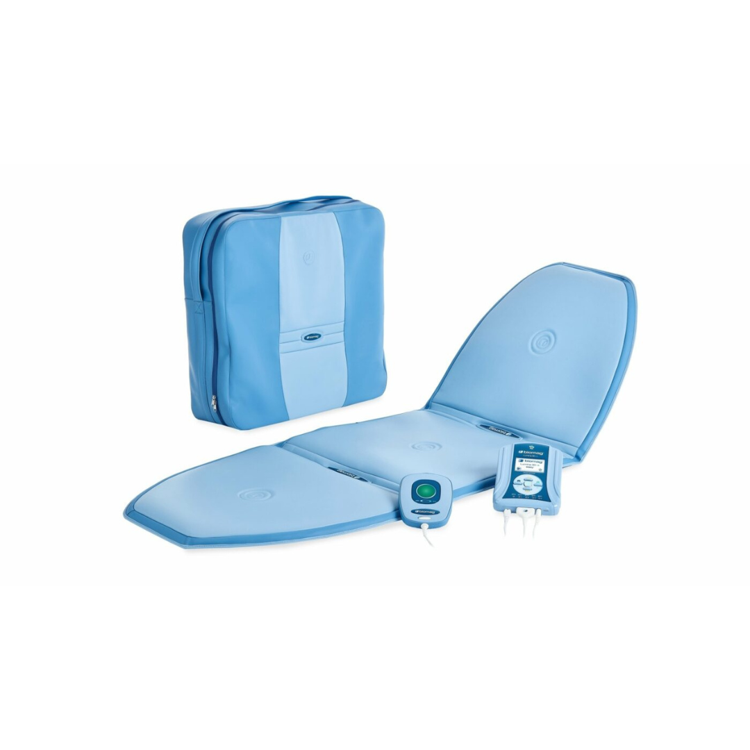 Beliebtes Biomag Magnetfeldtherapie Set in Blau mit Matte, Steuergerät und Tasche für umfassende Anwendungen.