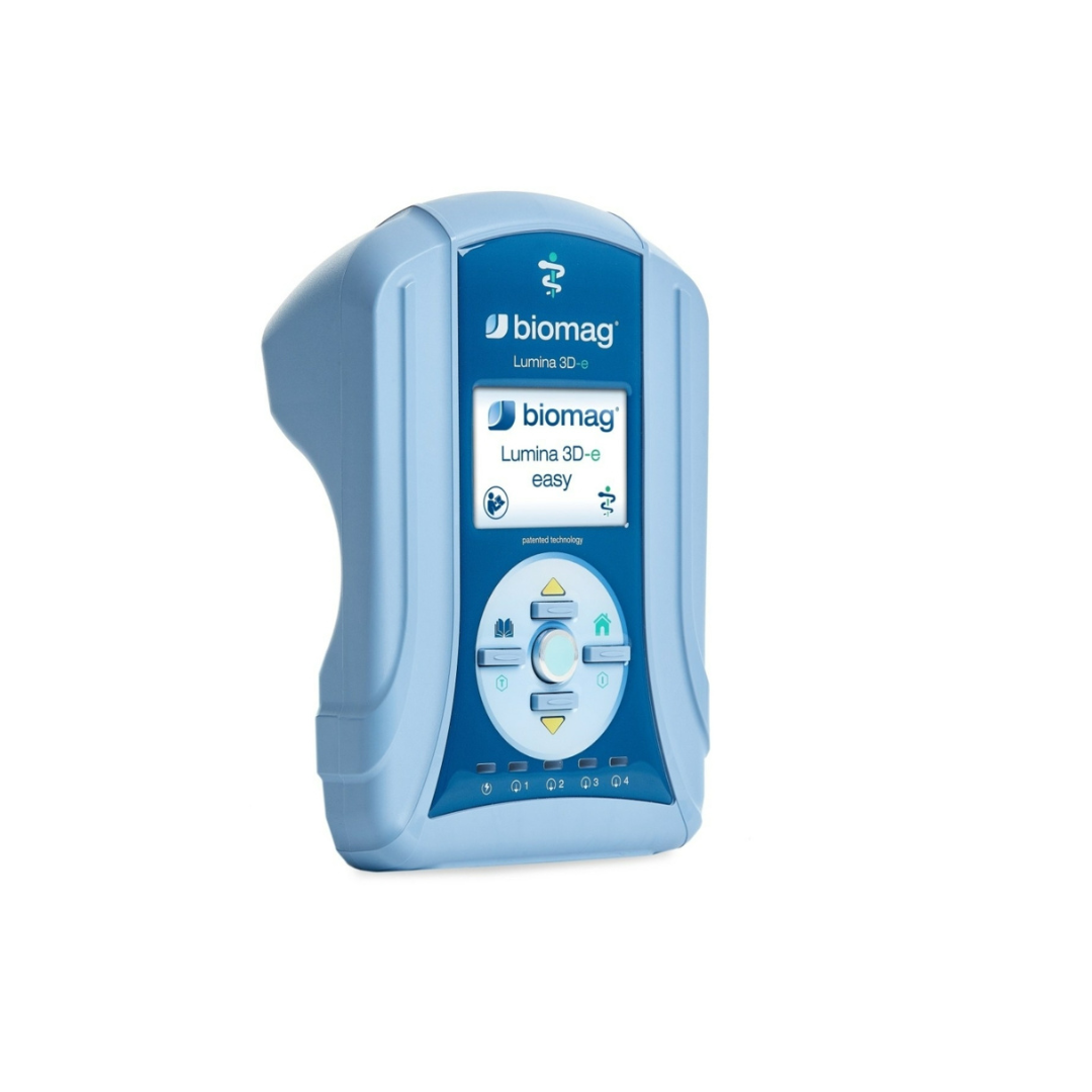 Blaues Biomag Lumina 3D-e Easy Gerät mit Akku für einfache Anwendung der Magnetfeldtherapie.