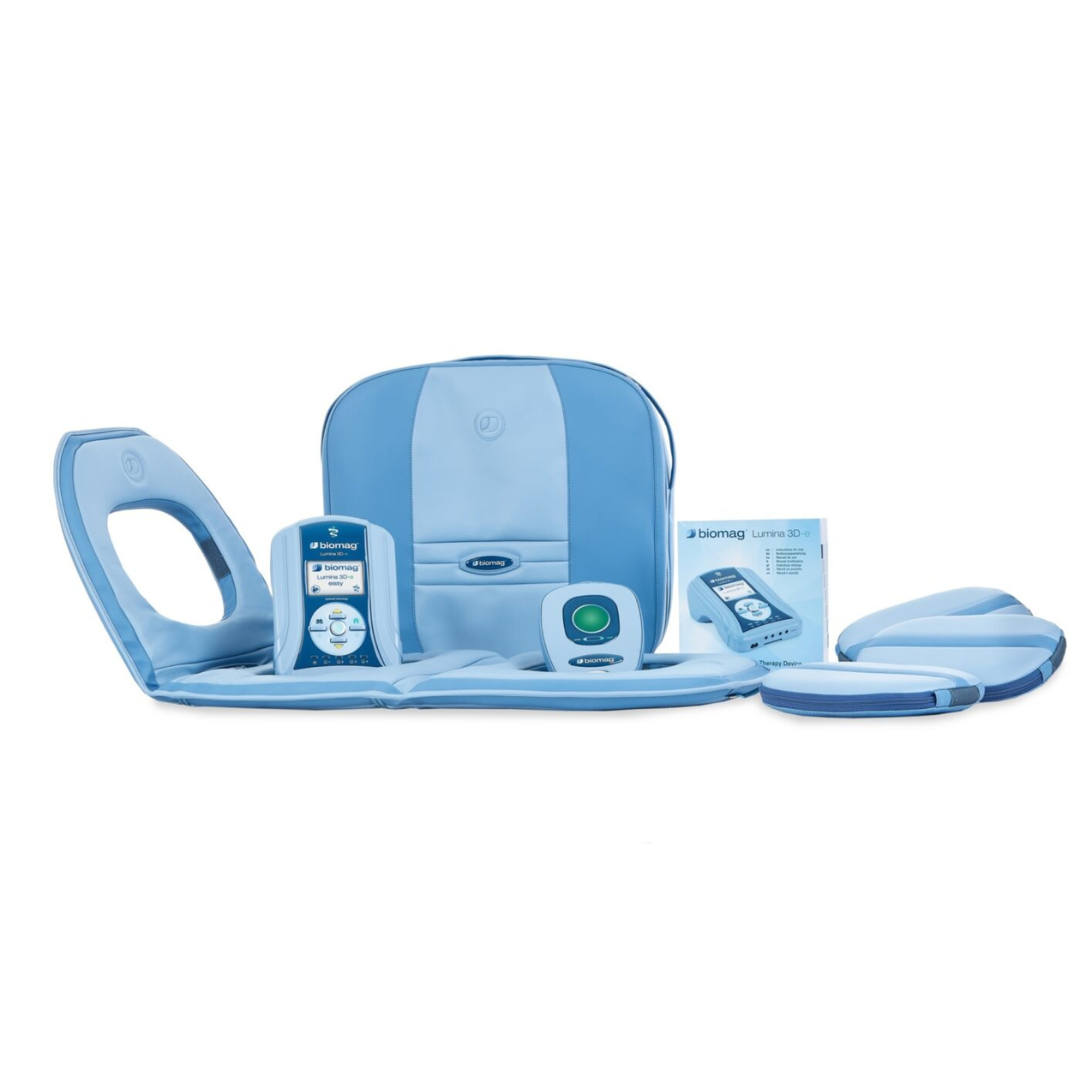 Biomag Lumina 3D-e Set FSe mit Steuergerät, Applikator, Tasche und Zubehör für umfassende Magnetfeldtherapie.
